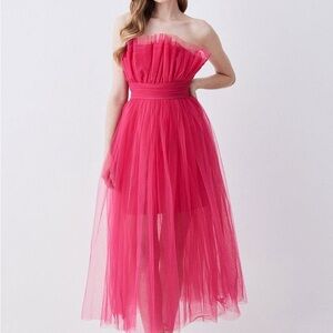 KAREN MILLEN Corseted Tulle Woven Hit Pink Midi Dress